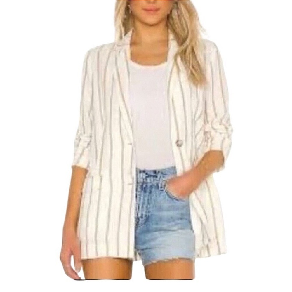 Halston Blazer White Silver Pinstripe Linen Blend Ruched Sleeve Oversized Size S